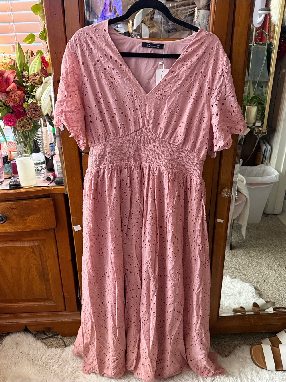 NWTS Simpler Pink Eyelet Maxi Dress with Smocked Waist